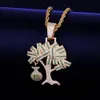 US Dollar Money Tree Pendant Necklace With Steel Rope Chain Gold Color Cubic Zircon Men's Hip hop Jewelry