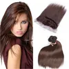 Cabelo Humano Castanho chocolate Tece com Frontal Reta De Seda # 4 Marrom Escuro Cabelo Virgem 4 Pacotes com 13x4 Fechamento de Renda Frontal