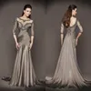 Designer Gray Mermaid Mother of the Bride Dresses 3/4 långärmad spets applicerade pärlor veckar bröllopsgästklänningar