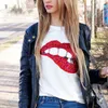 2018 T-shirts pour femmes été à manches courtes paillettes lèvres rouges t-shirt dames fitness harajuku blanc noir gris top t-shirts