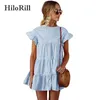 HILORILL Krótka Summer Dress 2018 Krótki Rękaw Vintage Plaid Sukienka Kobiet Flare Rękaw Ruffles Bohemian Beach Sundresses XL