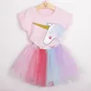 Groothandel Baby Eenhoorn Pak Kids Designer kleding meisjes outfits ins kinderen print top + regenboog tutu kanten rokken baby meisje ontwerper kleding