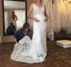2018 Sexy Strand Meerjungfrau Brautkleider Spitze Stoff V-Ausschnitt Illusion Mieder Gericht Zug Anbau Brautkleider mit Taschen