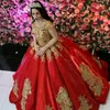 Gorgeous Dubai Princess Engagement Dress Golden Lace Appliques Ball Gown Aftonklänningar Fascinerande Red Long Evening Gowns 2018 Prom Dress
