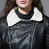2017 швов из овчины пальто черная кожаная куртка женщины короткие толстые ягненок шерстяной меховой воротник мягкий зимний мотоцикл байкерские пальто