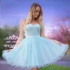 Baby blauw kant tule korte homecoming jurken lieverd kralen lint sjerp knie lengte backless short party jurken schattige prom dresses