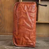 Plånböcker Äkta Läder Plånbok Män Koppling Väska Vintage Cowhide Ruched Purse Zipper Male Long Letter Carteira1