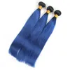 Virgin Brazilian #1B/Blue Ombre Human Hair Weave Bundles with 4x4 Lace Closure Silky Straight Ombre Blue 3 Bundle Deals with Closure