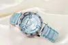 Vrouw Casual Luminous horloge waterdichte dames sport horloges lederen band blauwe strass dial relogio jurk kwarts polswatch256e