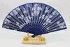 Portable Blue Floral Fabric Fan Craft Women Folding Hand Fan 50pcs Bamboo Party Wedding Favour Fan Wholesale