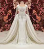 African Mermaid Wedding Dresses With Detachable Skirt Lace Appliques Beaded Crystal Luxury Bridal Gowns Long Sleeve Wedding Dress Country