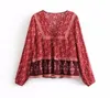 Boho blouse 2018 autumn red floral print blouses sexy V-Neck long Sleeve blouse Bohemia rayon women blouses Hippie TOP1