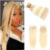613# Honey Blonde Human Hair Extensions Colored Brazilian Straight Hair 3 Bundles with Lace Closure Cheap Virgin Human Hair Weave