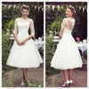 Vintage 50's Style Short Wedding Gown Half Sleeves Tulle Lace Applique Tea Length Bridal Wedding Gowns With Buttons Country