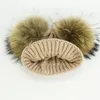 2019 Girl Pom Pom Beanie Warm Knitted Bobble Fur Pompom Hat and Scarf Set Children Real Raccoon Fur Pompon Winter Hat Skullies