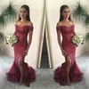 2019 Nowy Sexy Burgundia Wino Red Prom Dress Mermaid Off Shoulder Side Slit Cekiny Długa Formalna Suknia Party