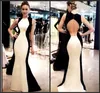 Zwart en wit zeemeermin avondjurken sexy open rug mouwloze lange prom jurken vrouwen formele feestjurk goedkope vestidos