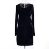 2018 New Spring Fashion Women Dress Velvet Full Long Sleeves Empire O-neck Cute Comfortable A-line Solid Slim Black Dress