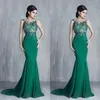 Green Tony Chaaya Mermaid Prom Dresses Jewel Sheer Neck Illusion Appliques Formal Evening Gowns Cheap Long Party Dress