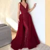 Luxury Red Prom Dresses With Detachable Skirt Deep V Neck Beads Sweep Train Sleeveless Dubai Evening Dress Party Wear Elie Saab Formal Dress