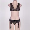 Sexy Lace Bra And Garter Panty Woman Sexy Set 3 piece/lots Erotic Floral Open Butt Black Sexy Lingerie For Women Set R80283