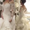 Nowa sukienka ślubna syrena klejnot klejnot iluzja szyi z długim rękawem koronkowe aplikacje marszczyły Kaplicy pociąg residos niestandardowe sukienki ślubne