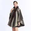 Nouveau automne hiver femmes rayure ample à capuche Poncho tricots col en fausse fourrure Cardigan châle Cape Cape vêtements d'extérieur manteau C3658