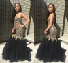 Sexy Mermaid Prom Dresses Sweetheart Appliques Lace Gold Black African Party Dresses Formal Evening Gowns Zipper Up Floor Length