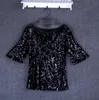 2018年夏のファッションスパンコールデザインTシャツトップTeeセクシーオフショルダー半袖Tシャツ女性サイズS-3XL