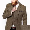 Spring Winter Fashion BrownTweed Groom Tuxedos Man Blazer Notch Lapel Three Button Men Business Dinner Prom Suit(Jacket+Pants+Tie+Vest) 1153