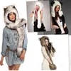 2018 WomenMen Winter Faux Fur Hood Animal Hoed Oorkleppen Handzakken 3in1 Hood Hat Wolf Pluche Warm Animal Cap met Sjaal Gloves540230M