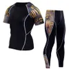 2017メンズスキンタイトランニングコンプレッションセット3Dスカル印刷半袖ランニングTシャツパンツセットフィットネスジョギングスーツを