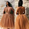 Arabic Fluffy Tulle Homecoming Dresses Sexy Deep V-neck Backless Cocktail Dress Party Gowns Fashion Knee Length Ball Gown Prom Dresses