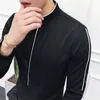 コントラスト配管スタンドカラーシャツ長袖ソリッドデザイナーマダリンカラースリムフィットCamisa Social Masculina Camicie Uomo