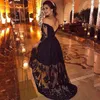 Myriam Fares Black Prom Dresses Formal Long Sleeves Evening Gowns Hi Lo Skirt Off The Shoulder V Back Open Duabai Lace Gowns