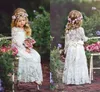 Vestidos de niña de flores de encaje de marfil para bodas Mangas largas Hasta el suelo Vestidos de fiesta de cumpleaños de boda para niños Boho con marco de cinta