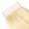 Armure brésilienne de cheveux humains blond platine 3 faisceaux avec 4x4 fermeture de dentelle de partie libre droite # 613 extensions de cheveux blonds 10-24 pouces