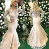 Lace Sexy Full Mermaid Dresses Scoop Neck Long Sleeves See Through Court Train Wedding Bridal Gowns Illusion Button Back 0420