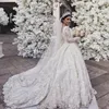 Dubai Lace Ball Gown Bridal Dress V-Neck Beads Lace Applique Long Sleeves Wedding Dress Glamorous Sweep Train Princess Wedding Gown Saudi