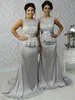 Zilveren zeemeermin lange bruidsmeisje jurken met kant peplum sash meid van eer jurk backless sexy prom formele jassen