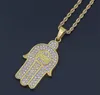 Hip Hop Hamsa Hand of Fatima Lucky Evil Eye Protection Amulet Crystal Pendant Necklace 24inch Rope Chain