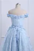 2019 Robe de bal haute et basse bleu bébé sur l'épaule robes de bal asymétriques appliques florales 3d fermeture éclair robes de soirée