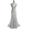 Haut de gamme personnalisé pur perlé à la main robe de soirée de mode nouveau paquet de queue de poisson sexy hanche argent gris dentelle robe de bal tube de soirée HY068