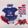 10Styles Baby Grils 투투 드레스 Rompers 4Pcs 세트 Rompers Headbands 신발 양말 미국 국기 레드 블루 별 드레스 독립 기념일