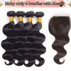 Virgin Brasilian Hair Body Wave Mänskliga hårväv med stängning Kroppsvåg Hårbuntar med frontal Peruvian Malayain Extensions Bulkorder