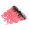 Offerte di fasci di capelli brasiliani dell'onda del corpo vergine Ombre rosa 3 pezzi con chiusura frontale in pizzo 13x4 Radice scura # 1B / Tessiture di capelli umani Ombre rosa