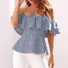 Uit Schouder Sexy Zomer Blouses voor Dames 2018 Ruche Tuniek Tops Femme Korte Mouw Dames Backless Striped Shirts Blusas Mujer