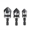 3pcs/set 90 Degree 1/4 Hex 5 Flute Chamfer Deburring Countersink Drill Bit End Mill Cutters for Metal Woodworking Tool 12-19mm