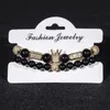 2pcs / set zircon ball män kvinnor smycken kubik micro pave cz krona charm 8mm 10mm svart onyx rund stretchigt armband