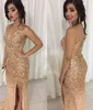 Bling High Split Sheath Sukienki wieczorowe Gold Backless Koraliki Cryatal Arabski Dubai Formalne Długie Prom Prom Dresses Pageant Gown Robe de Soiree